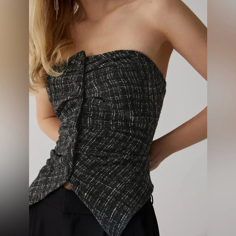 Commense Tweed Button Ruched Tube Top - Picture 1 of 6